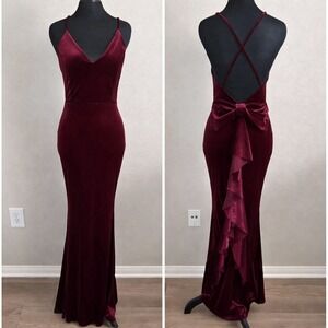 Burgundy Velvet Maxi Gown Open Back Bow Formal Evening Dress Bodycon Small Prom